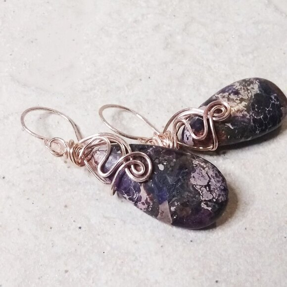 Wire Wrapped Beauties! Purple & Plum Sea Sediment Jasper Teardrop + Rose Gold - Picture 9 of 11